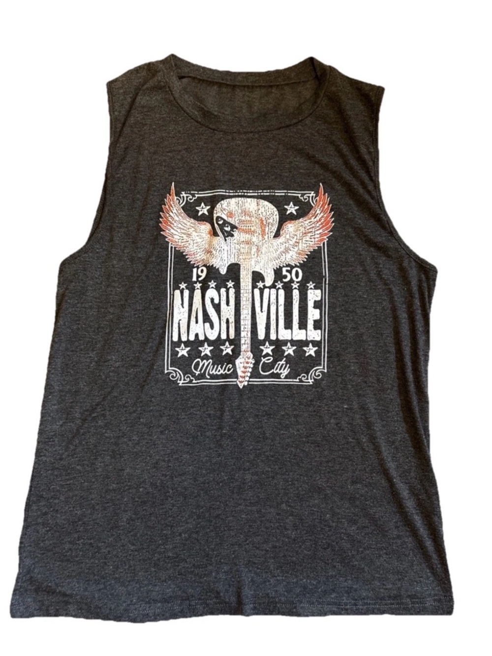 Nashville Music City 1950 Sleeveless Gray T-Shirt Guitar Wings Graphic Tee